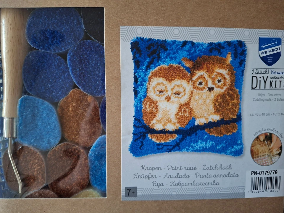 Latch Hook Kit  Cushion Front " Cuddling Owls  "16" x 16"  New by Vervaco - Image 1 of 2