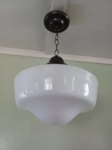 Antique School House Hanging 14” Pendant Light Milk Glass Indust Art Deco 1920s Cover