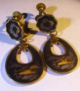 VINTAGE 1930'S PAIR OF SIGNED AMITA SHAKUDO DAMASCENE DANGLE EARRINGS - JAPAN - Picture 1 of 5