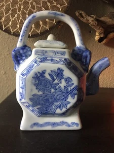 Vintage Tea Pitcher Blue White Flowers Small Ceramic Tea Pot - Picture 1 of 7