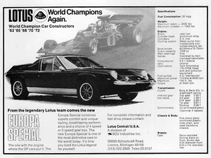 1973 Lotus Europa Special Original Print Ad with Specs - Bild 1 von 1