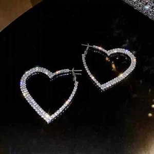 Large Women Sparkling Diamante Zircon Rhinestone Silver Heart Shape Earring Hoop - Picture 1 of 1