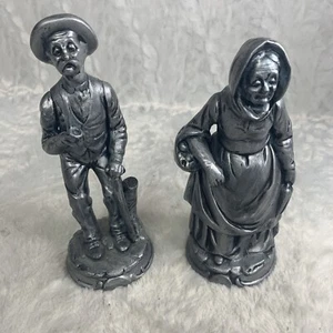 Two Vintage Silver Old Man and Woman Figurine Decor Grace Signed Painted Ceramic - Picture 1 of 12