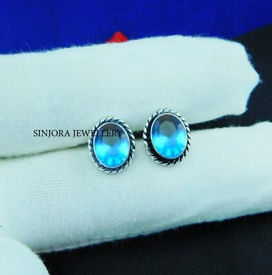London Blue Topaz Gemstone 925 Sterling Silver Handmade Jewellery Stud Earrings - Image 1 of 4