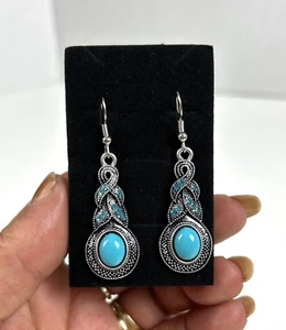 Silver Tone Sea Glass Pierced Hook Dangle Earrings With Blue Stone Unbranded - Picture 1 of 4