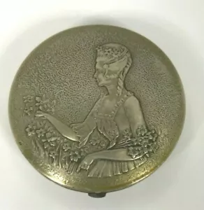 Antique 1920's Norida Beautiful Lady Picking Flowers Silver Metal Compact - Picture 1 of 8