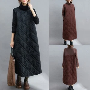 Women Winter Long Dresses Quilted Padded Long Sleeve High Neck Splice Loose - Picture 1 of 14