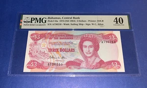 Banconota 3 dollari PMG Bahamas, Banca Centrale 1974 p44a XF 40 - Foto 1 di 6