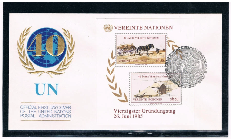 NACIONES UNIDAS (Viena) 1985 40 Aniversario S/S FDC CV $2.00 Foto 1 de 1