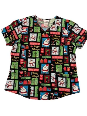 Scrubstar Scrub Top Happy Holidays Santa Snowman Merry Christmas Women Med - Image 1 of 4