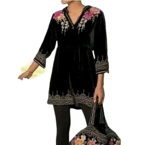 Johnny Was Denali Velvet Dress Women L Black Floral Embroidered Rayon J30817-8 - Picture 1 of 11