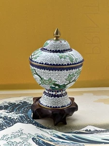 5.5” Vintage Chinese Cloisonné Floral Enamel Jar with Lid on Wood Base - Picture 1 of 11
