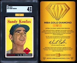 1958 Topps #187 Sandy Koufax SGC 4 MBA ORO 4,5 DIAMANTE CENTRATO E SENZA PIEGHE - Foto 1 di 4