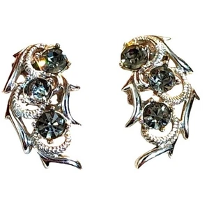 SAS Vintage 70s Silver Black Crystal Clip-On Earrings Statement Evening Jewelry - Picture 1 of 8