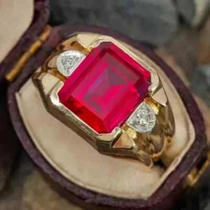 3.0Ct Emerald Cut Lab Created Red Ruby Wedding Men's Ring 14K Yellow Gold Plated - Picture 1 of 5