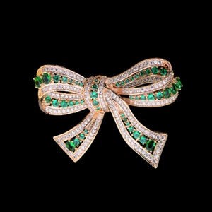 Rose Gold Plated Green Clear Cubic Zirconia CZ Bowknot Brooch Pin - Picture 1 of 4