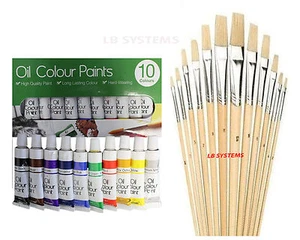 12 PC ASSORTED WOODEN HANDLE ARTIST's BRUSHES + 8 TUBES OIL PAINT SET NEW - Picture 1 of 1