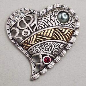 Chicos Doodle Heart Brooch Pin Cabochon Red Clear Rhinestone Silver & Gold Tones