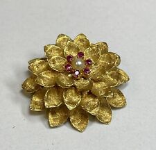 Vtg Vendorafa Italian 18k Gold Pink Rubies Pearl Flower Leaf Cluster Brooch/Pin