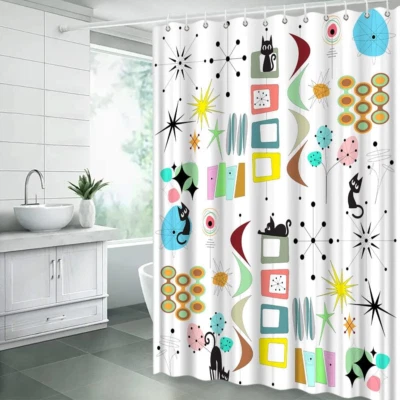 Mid Century Modern Shower Curtain Black Cat Retro Atomic Sputnik Boomerangs NEW - Image 1 of 4