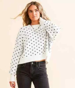 Free People Patterned Easy Street Boxy Cropped Sweater Women's M White/Navy L/S - Picture 1 of 14
