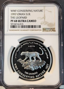 1997 OMAN SILVER 1 RIAL S1R THE LEOPARD NGC PF 68 ULTRA CAMEO SCARCE COIN - Picture 1 of 3