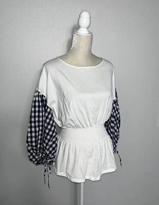 Blusa Uterque Manga Globo Cintura Calada Blanca Cuadros Peplum Top Talla 30 L Foto 1 de 4