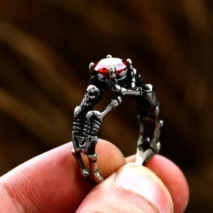 Skull Skeleton Ring Stainless Steel Red Black Blue Crystal Stone Biker Men Women - Picture 1 of 15