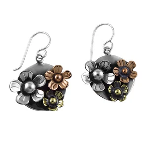 925 Sterling Silber Blume Ohrringe gemischt Metalle Kupfer Damen Kreis Tropfen - Bild 1 von 5