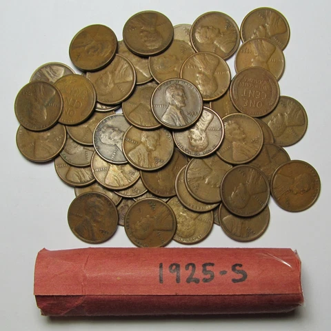 1925-S Lincoln Cents/Wheat Penny Roll of 50 Average Circulated Good+ Pennies Lot Cover