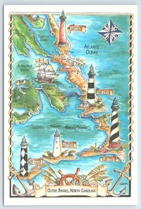 Postkarte North Carolina Outer Banks Karte mit 5 Leuchttürmen - Bild 1 von 2