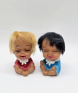 Vintage Moody Cry Baby Rubber Dolls Pair Boy & Girl Kitschy Made In Japan - Picture 1 of 10