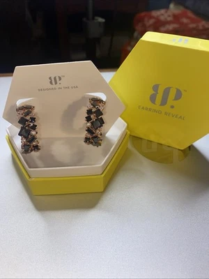 Bomb Party Earrings ER42975 Ribbons On Shadows Black Onyx CZ Rose Gold Hoops - Image 1 of 4