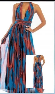 Luxxel Blue and Orange Halter Sundress - Picture 1 of 9