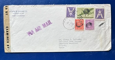1945 Censored Airmail to Beirut Syria – 50¢ & 6¢ Prexies, Diplomatic Mail 70c - Image 1 of 3