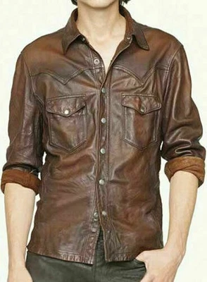 Leather Shirt Men Shacket Jacket Lambskin Biker Shirt Jacket Trucker Shacket - Image 1 of 4
