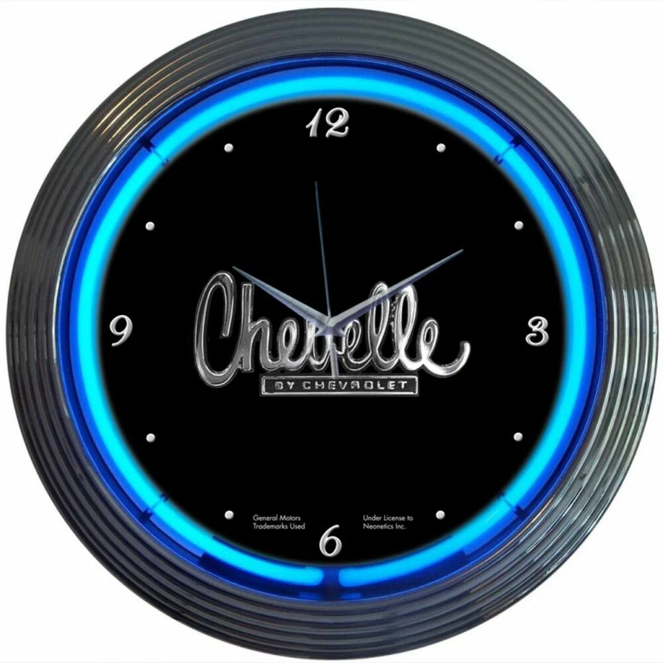 Reloj Chevrolet Chevelle Azul Neón Colgante Pared Negro 15" Diámetro 8CHEVEL Foto 1 de 1