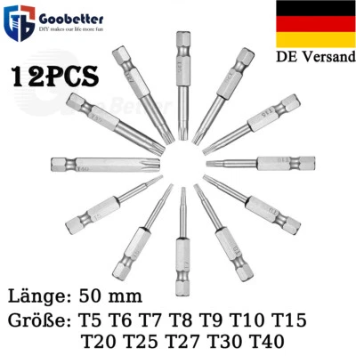 12tlg Torx Bit Set 50mm S2 Stahl T5 T6-T40 Lang Loch Sechskantschaft Sicherheit - Bild 1 von 4
