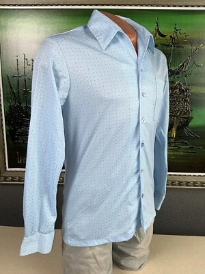 Camisa de manga larga de poliéster satinado azul hecha por Joel Cal de la década de 1970 para hombre M Foto 1 de 4