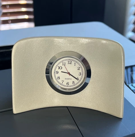 Levenger Desk Clock Mid-Century Modern Style Mantel Wedge Design Taupe Quartz Cover