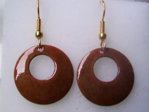 Enamel on Copper ROUND HOOP DANGLE EARRINGS - INGA ENAMELS-SOLID BROWN COLOR - Picture 1 of 3