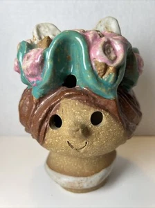 Adorable Vintage Art Clay Pottery Smiling Girl Woman Head Flower Frog - Picture 1 of 12