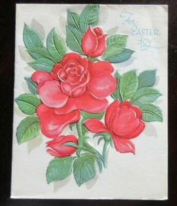 Tarjeta de pascua bap easter en relieve vintage sin usar alegría de pascua entre rosas rojas - Imagen 1 de 4