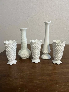 Set of 5 Vintage Fenton Hobnail Milk Glass Vases MCM White Wedding Decor  - Picture 1 of 6