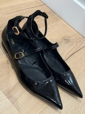 Zara Black Patent Leather Pointed Toe Flats Mary Janes Size 39 EU/ 8 US - Image 1 of 4
