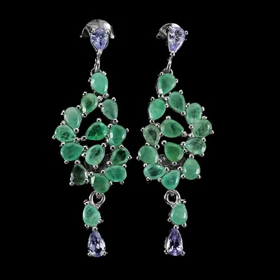 925 Sterling Silver Earrings Pear Emerald Tanzanite Natural Gemstone Jewelry - Image 1 of 4