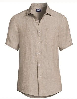 Lands End Linen Button Up Shirt Short Sleeve Mens 3XLT Big Tall 3XL Tan Coral - Image 1 of 4
