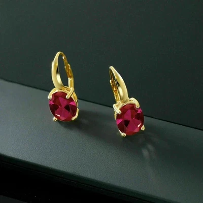 Drop & Dangle Earrings 2Ct Oval Cut Lab Created Red Ruby 14K Yellow Gold Plated - Image 1 of 4