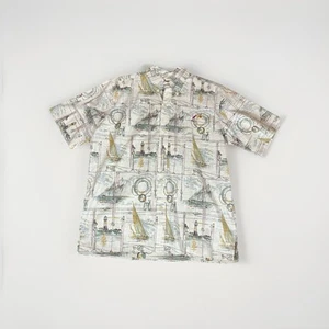 Reyn Spooner Shirt Mens Large Hawaiian 1/4 Button Sailing Nautical Print Beige - Picture 1 of 11