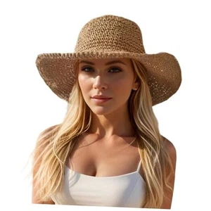Floppy Big Beach Straw Hats for Women Foldable Summer Wide 7 1/8-7 1/4 Khaki-4 - Picture 1 of 7
